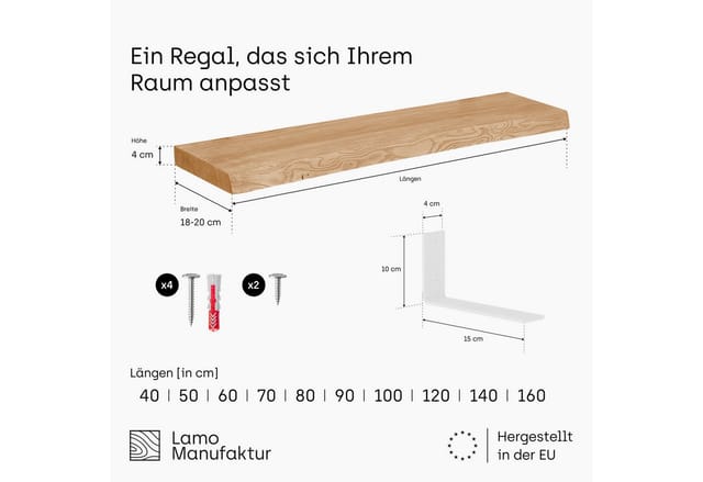 LAMO Manufaktur Wandregal Holz Baumkante Regal Farbe: Natur mit weißem Basic Regalträger 40 cm, Komplett-Set, 40mm stake Massivholzplatte