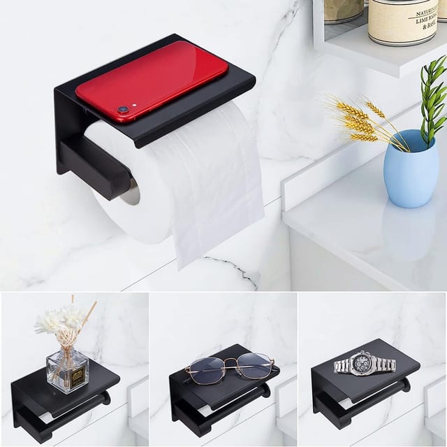 Refined Living Toilettenpapierhalter Ohne Bohren mit Ablage,Selbstklebende Klopapierhalter,für Bad Küche (Edelstahlmaterial rostfrei, Toilettenpapierhalter, Storage rack, toilet paper rack, tissue rack, roll paper rack), mit 2 verschiedenen Befestigungsoptionen, mit Smartphone-Ablage