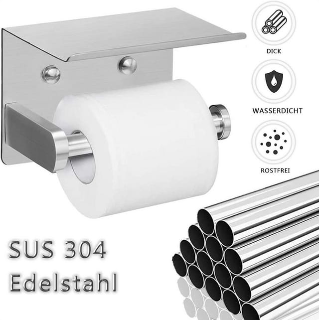 Refined Living Toilettenpapierhalter Ohne Bohren,Selbstklebend Klopapierhalter mit Ablage,Klorollenhalter (Edelstahl Klorollenhalter Wandmontage, Toilettenpapierhalter, Selbstklebende WC Papier Halterung mit 2 Klebehaken), Wandmontage Klorollenhalter für Küche und Badzimmer