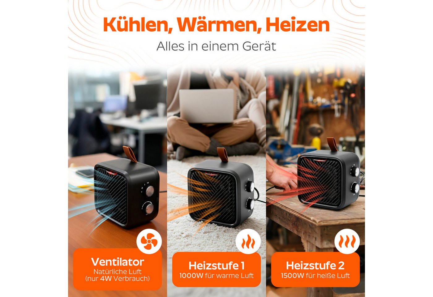 Onbest Keramikheizlüfter Elektrischer Heizwürfel, Elektroheizer, 1500W, 3 Heizstufen, Thermostat, bis 20m²