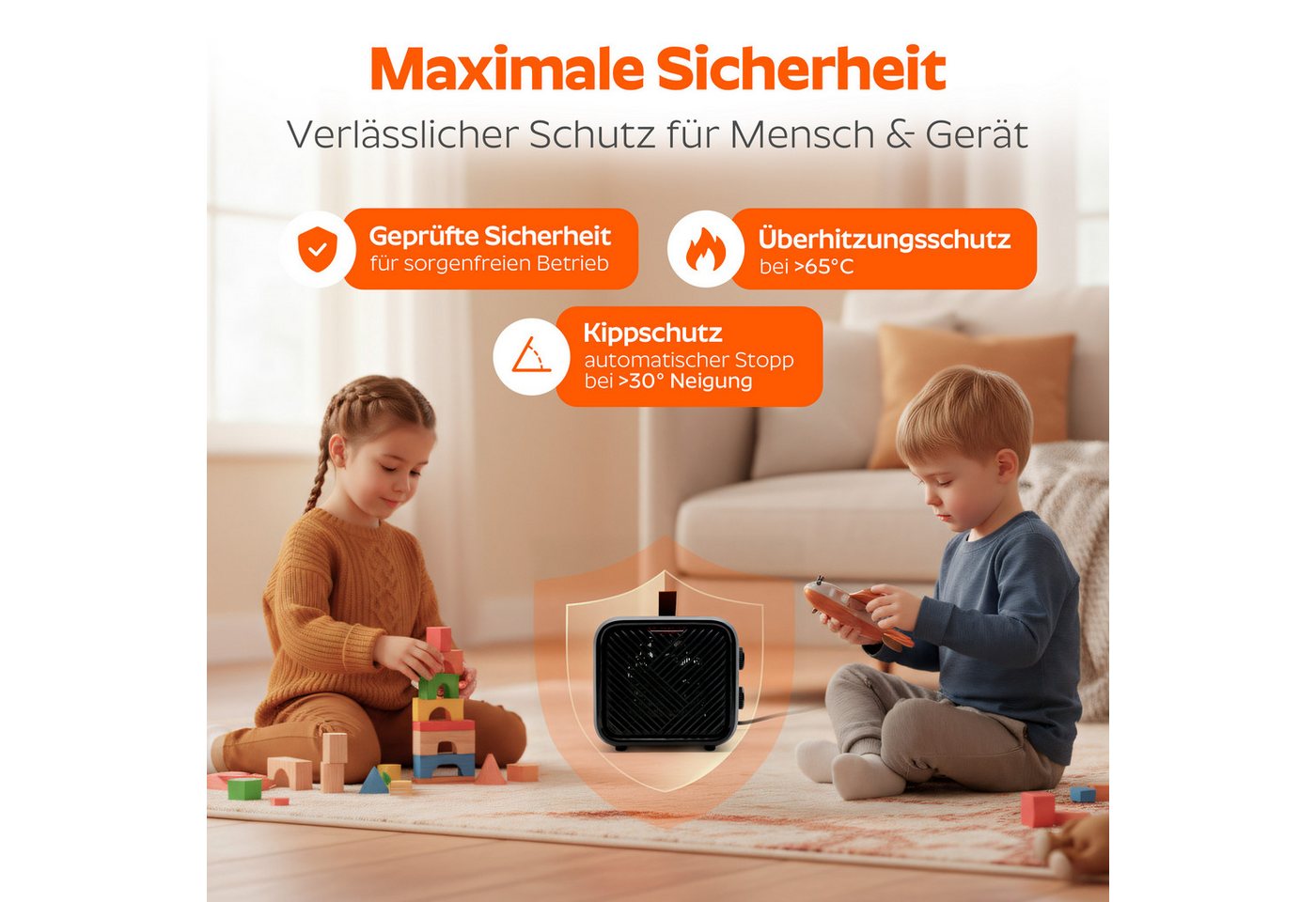 Onbest Keramikheizlüfter Elektrischer Heizwürfel, Elektroheizer, 1500W, 3 Heizstufen, Thermostat, bis 20m² Bild 2