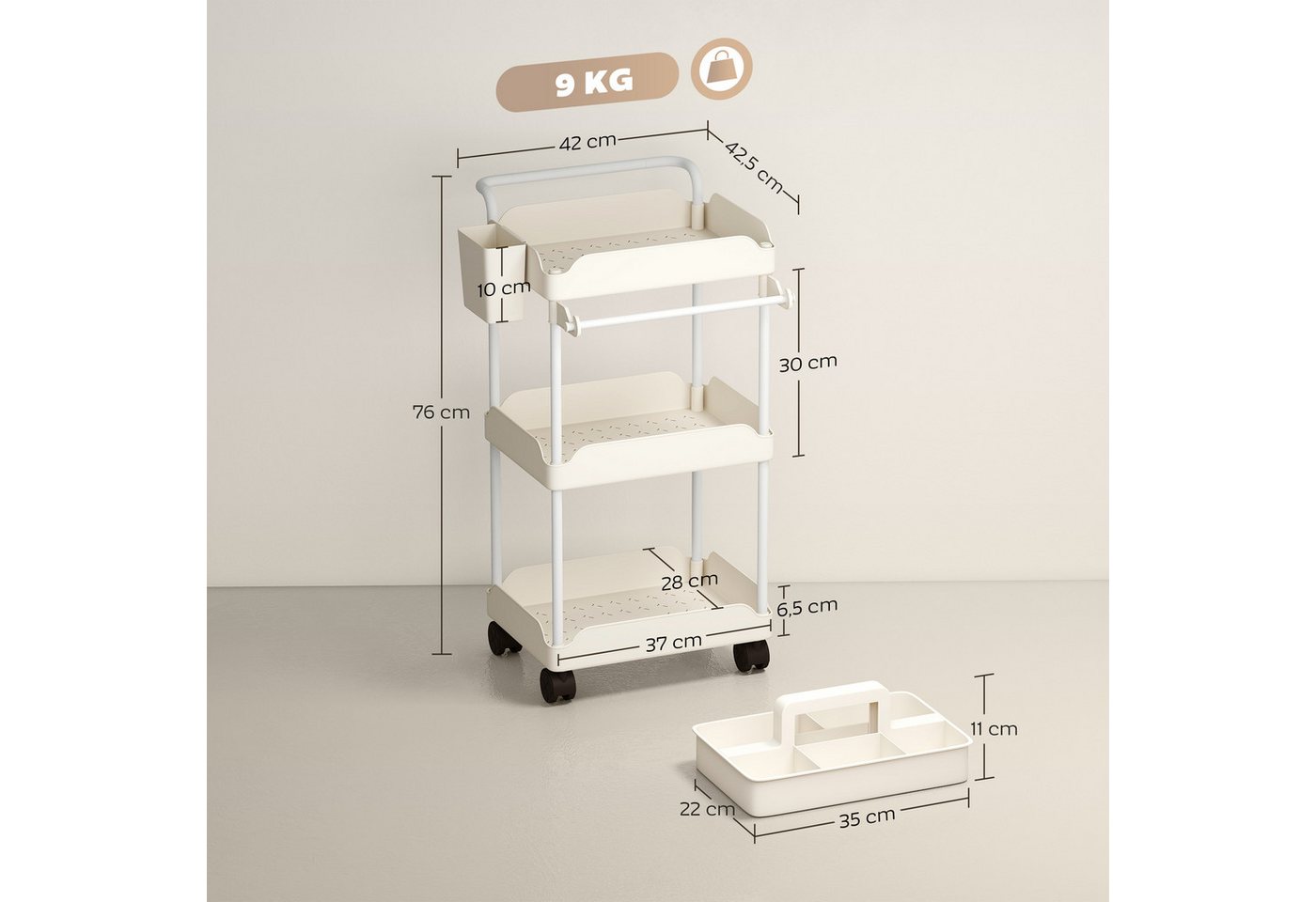 HOMCOM Küchenwagen mit 3 Ebenen, hängenden Körben, Tuchhalter, (Servierwagen, 1 St., Rollwagen), für Wohnzimmer Küche Bad Büro Weiß