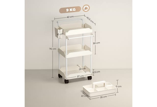 HOMCOM Küchenwagen mit 3 Ebenen, hängenden Körben, Tuchhalter, (Servierwagen, 1 St., Rollwagen), für Wohnzimmer Küche Bad Büro Weiß