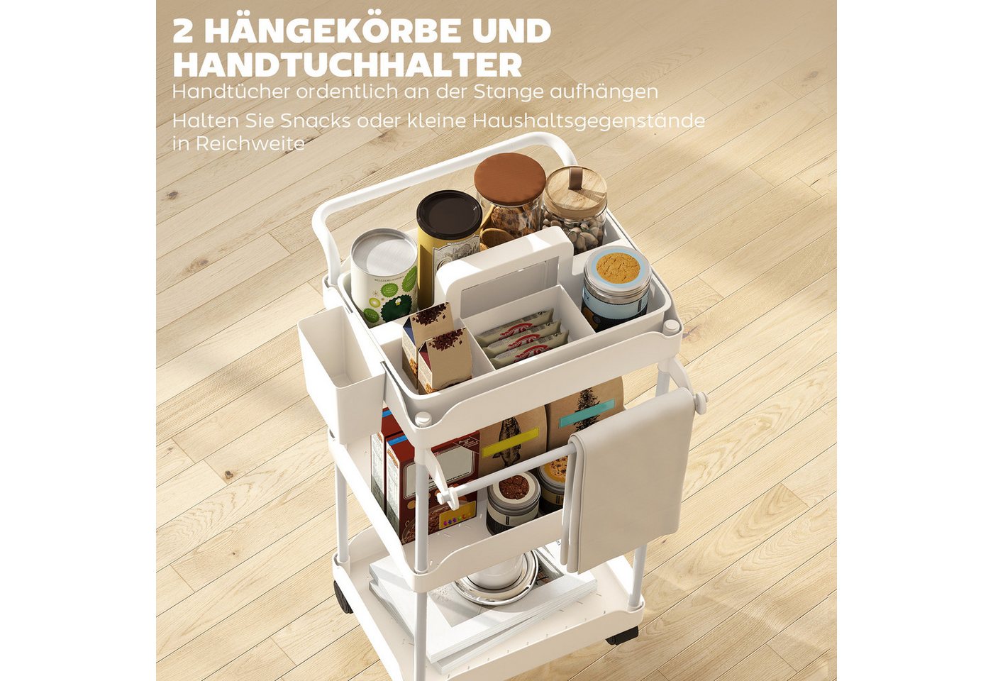 HOMCOM Küchenwagen mit 3 Ebenen, hängenden Körben, Tuchhalter, (Servierwagen, 1 St., Rollwagen), für Wohnzimmer Küche Bad Büro Weiß Bild 2