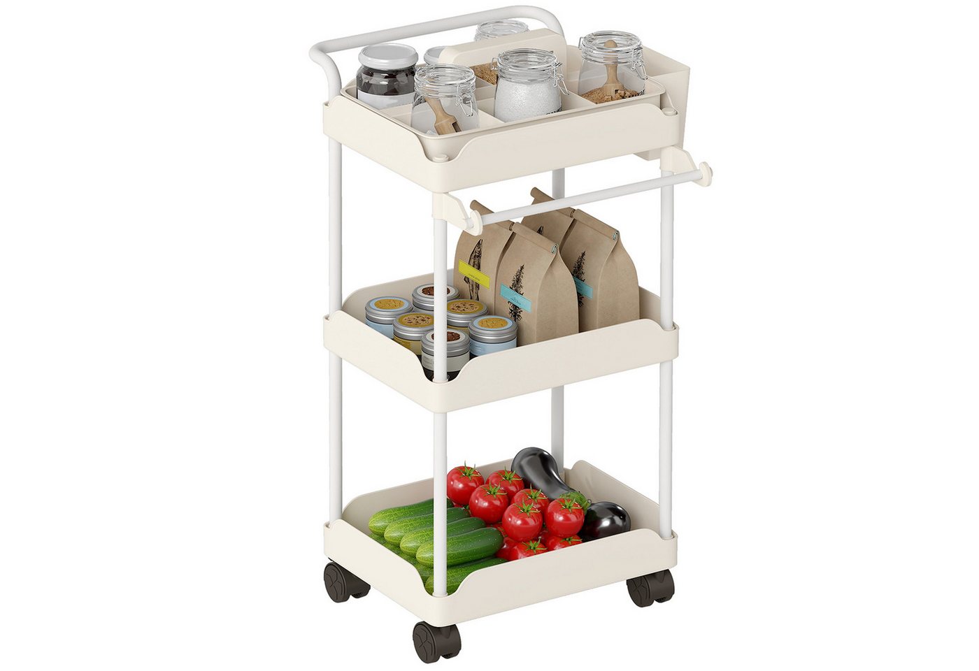 HOMCOM Küchenwagen mit 3 Ebenen, hängenden Körben, Tuchhalter, (Servierwagen, 1 St., Rollwagen), für Wohnzimmer Küche Bad Büro Weiß Bild 3