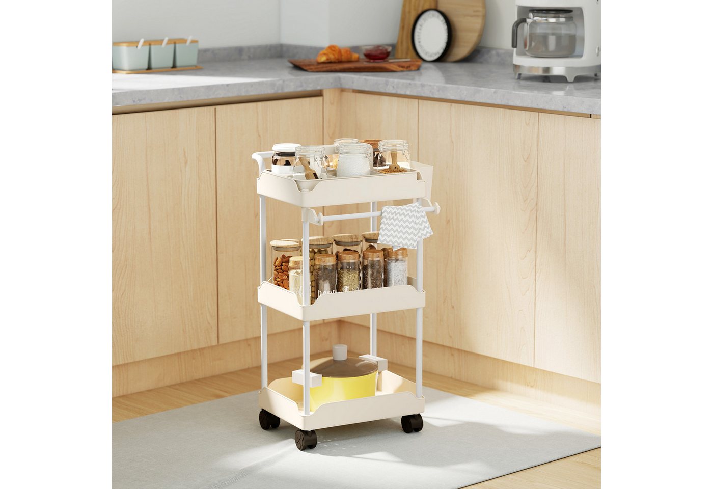 HOMCOM Küchenwagen mit 3 Ebenen, hängenden Körben, Tuchhalter, (Servierwagen, 1 St., Rollwagen), für Wohnzimmer Küche Bad Büro Weiß Bild 4