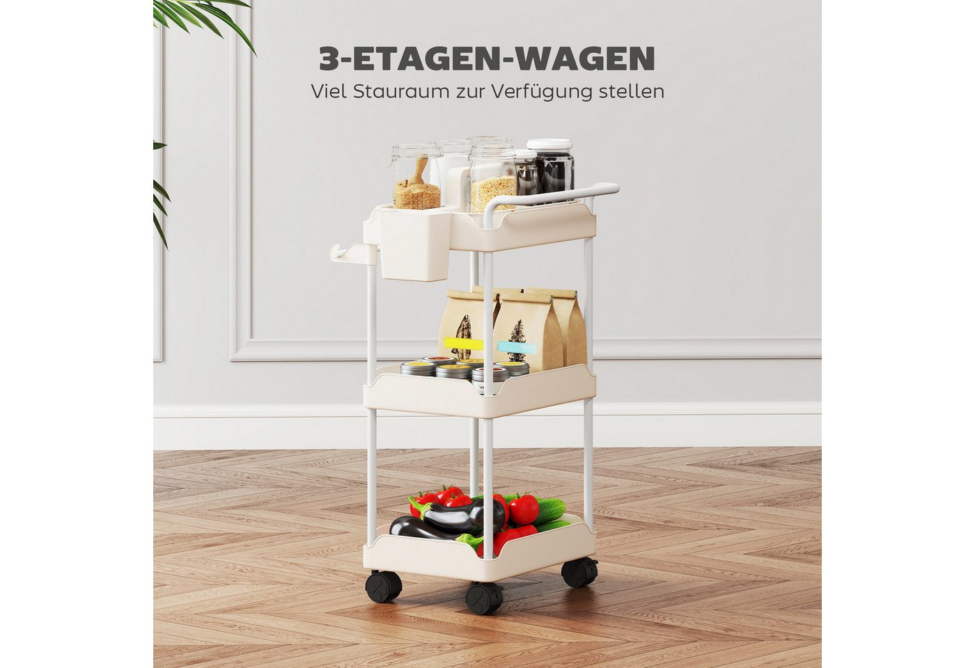 HOMCOM Küchenwagen mit 3 Ebenen, hängenden Körben, Tuchhalter, (Servierwagen, 1 St., Rollwagen), für Wohnzimmer Küche Bad Büro Weiß Bild 5