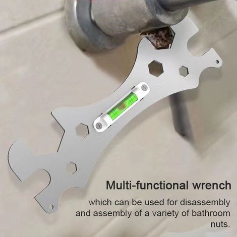 Multifunktions-rohrschlüssel Aus Edelstahl Mit Wasserwaage Zum Ein- Und Ausbau Von Duschabflussrohren Und Badezimmerarmaturen.