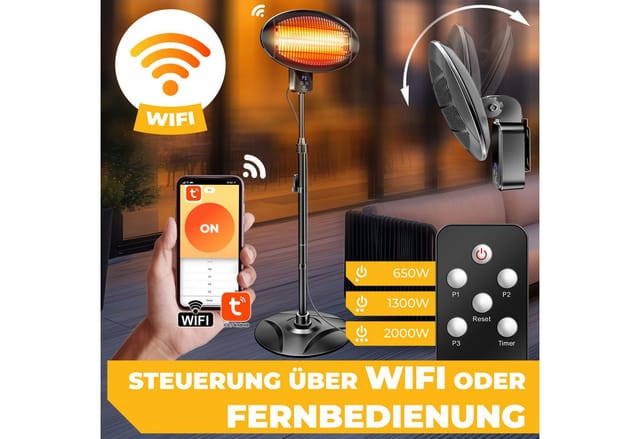 KESSER Heizstrahler Infrarot Terrassenstrahler Stand- & Wandmontage, höhenverstellbar, Wärmestrahler drehbar IPX4 spritzwassergeschützt, WLAN & Fernbedienung