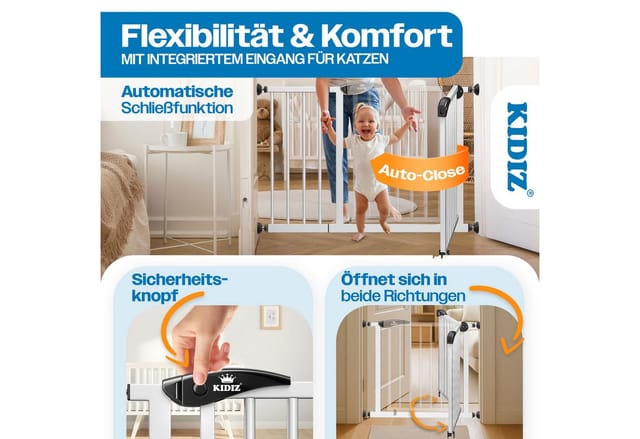 KIDIZ Türschutzgitter, auch als Schutzgitter für Treppen, Auto Close, Kinder Treppengitter