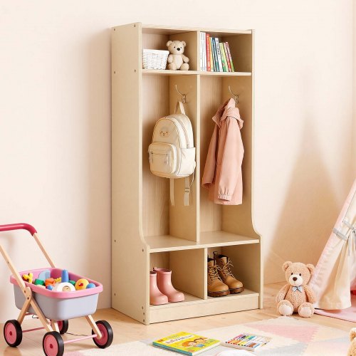 Offener Kinderkleiderschrank Aus Sperrholz, Kindergarderobe Mit 4 Haken & 6 Fächern (2 Groß + 4 Klein), Garderobenregal & Aufbewahrungsregal Für Kinderzimmer Zuhause Kindergarten Kita