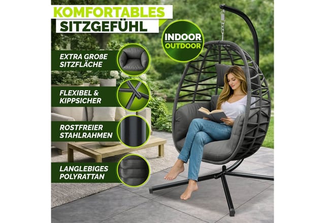 tillvex Hängesessel tillvex® Swivo Hängesessel mit Gestell inkl. wetterfester Abdeckung (Hängekorb klappbar bis 150 kg, Hängesitz aus Rattan, Hängestuhl für Indoor Garten Balkon Terrasse), mit Gestell Outdoor & wetterfester Abdeckung mit Befestigung