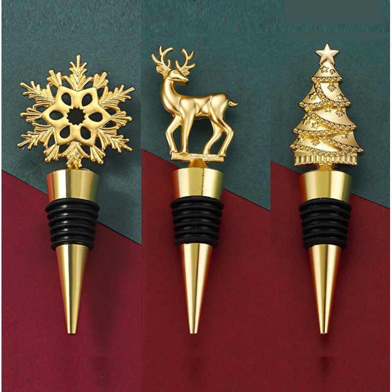 3er-set Weihnachtliche Weinstopper – Motive: Elch, Schneeflocke Und Weihnachtsbaum – Wiederverwendbare Goldene Champagnerstopper – Universelle Konische Stopper Für Rotwein, Champagner Und Bier – Acces