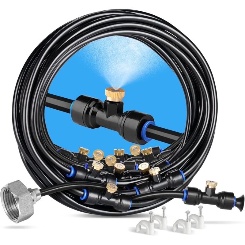 Aimoonsa Outdoor-sprühsystem, 18 M Terrassen-sprühsystem Mit 20 Sprühdüsen + 6 Ersatzdüsen + 1 Adapter (messing, 3/4") Sprühsystem Für Terrasse, Garten, Gewächshaus, Trampolin Und Wasserpark