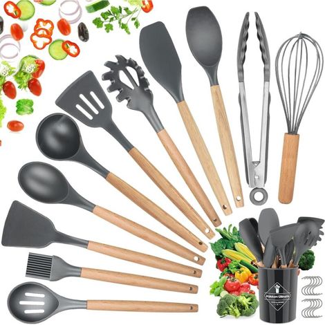 Küchenhelfer Aus Silikon, 22-teiliges, Bpa-freies Küchenzubehör-set, Küchenhelfer-set Aus Silikon Und Holz, Antihaftbeschichtetes Küchenhelfer-set Mit Aufbewahrungsbehälter, Grau 01
