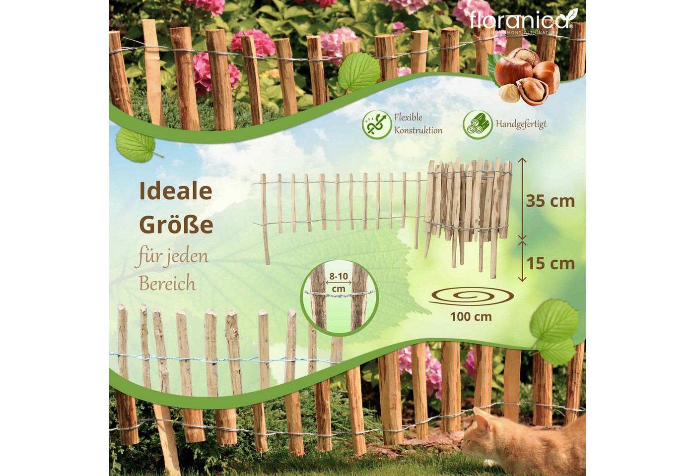 Floranica Staketenzaun Haselnuss mit Pfosten, Stekzaun, Gartenumzäunung Holzzaun Gartenzaun, (L / H 100 x 35 cm, 1-St., Lattenabstand 8-10 cm), Teichumrandung Grundstücksumrandung Beeteinfassung Bauerngarten Bild 2