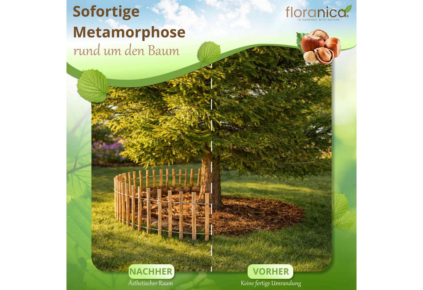 Floranica Staketenzaun Staketenzaun mit Pfosten Stekzaun Holzzaun Gartenzaun aus Haselnuss, (L / H 100 x 35 cm, 1-St., Lattenabstand 4-6 cm), Teichumrandung Grundstücksumrandung Beeteinfassung Bauerngarten