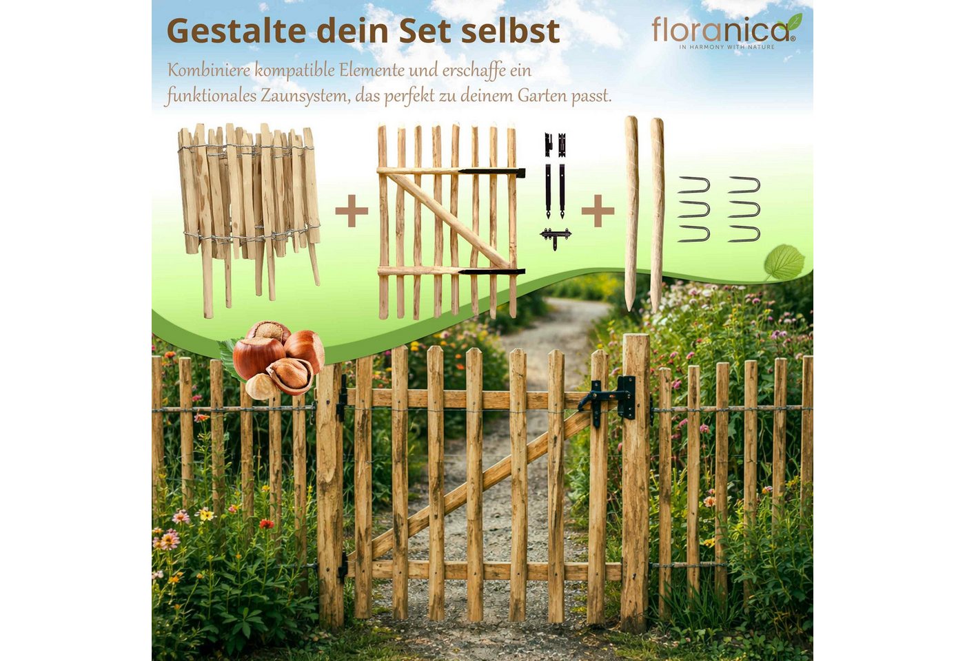 Floranica Staketenzaun Staketenzaun mit Pfosten Stekzaun Holzzaun Gartenzaun aus Haselnuss, (L / H 100 x 35 cm, 1-St., Lattenabstand 4-6 cm), Teichumrandung Grundstücksumrandung Beeteinfassung Bauerngarten Bild 2