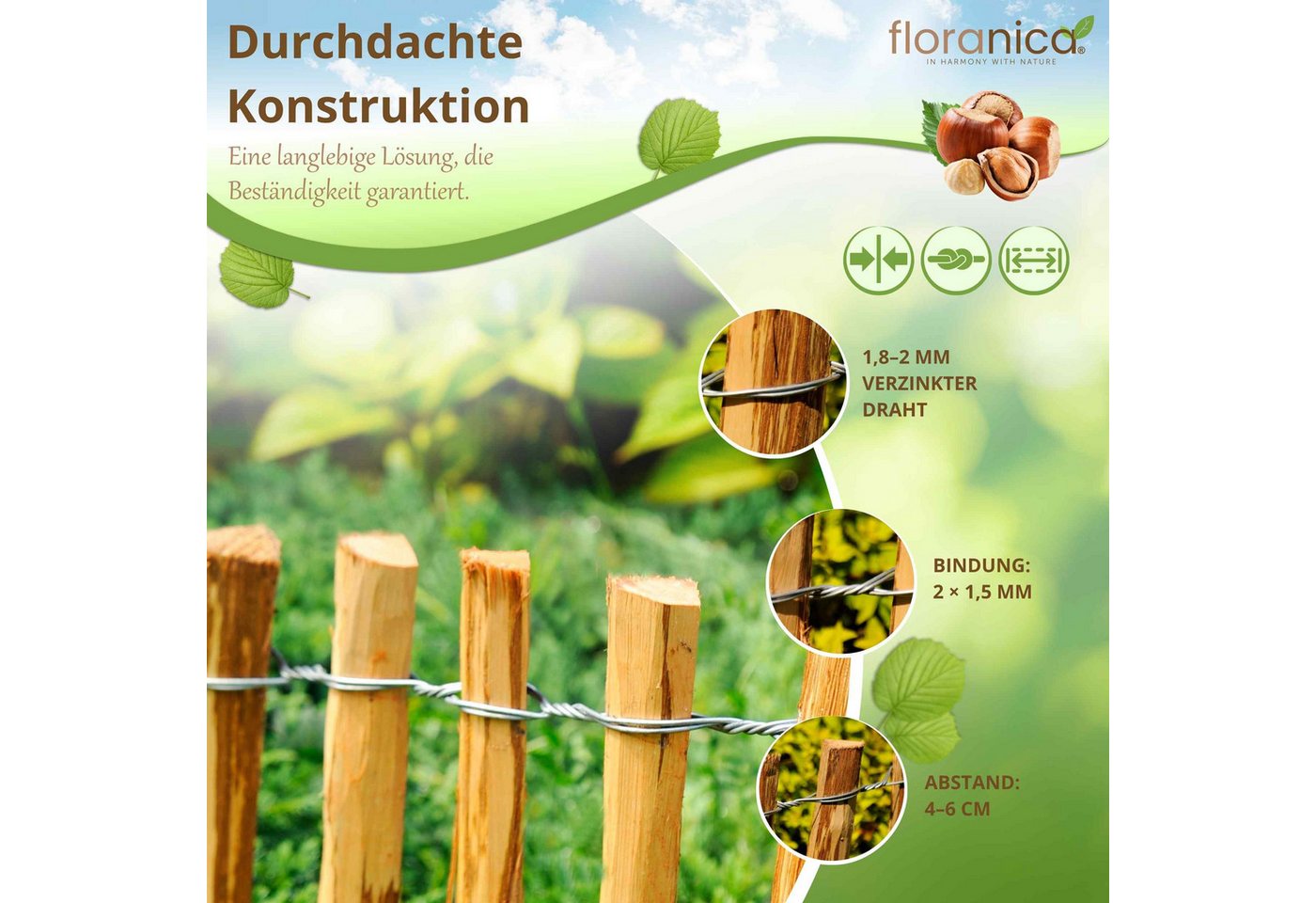 Floranica Staketenzaun Staketenzaun mit Pfosten Stekzaun Holzzaun Gartenzaun aus Haselnuss, (L / H 100 x 35 cm, 1-St., Lattenabstand 4-6 cm), Teichumrandung Grundstücksumrandung Beeteinfassung Bauerngarten Bild 4