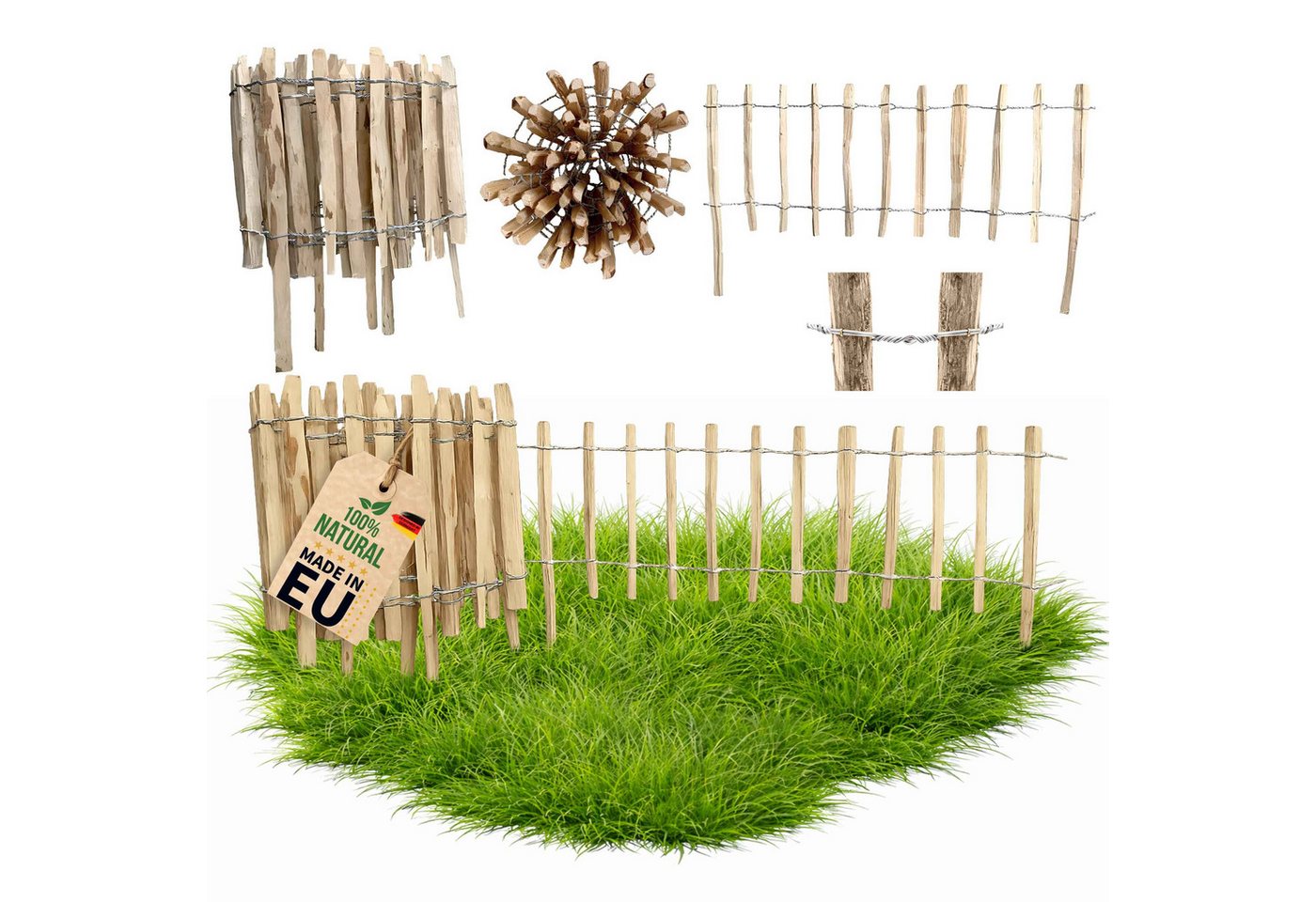 Floranica Staketenzaun Staketenzaun mit Pfosten Stekzaun Holzzaun Gartenzaun aus Haselnuss, (L / H 100 x 35 cm, 1-St., Lattenabstand 4-6 cm), Teichumrandung Grundstücksumrandung Beeteinfassung Bauerngarten Bild 5