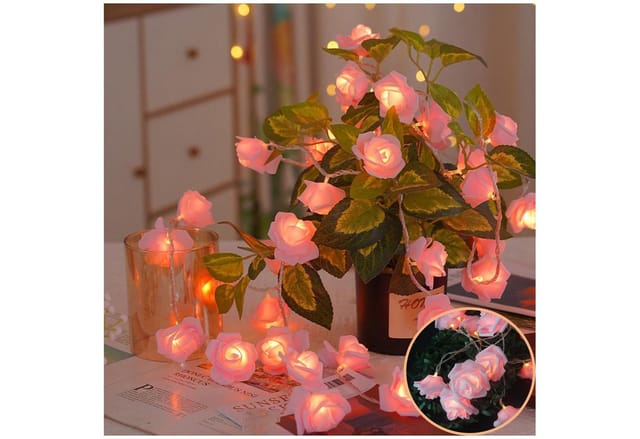 MUPOO LED-Lichterkette LED Nachtlicht 3M 20LEDs Girlande,Kunstblume Rose Warmweiß,Batterie, für Party Weihnachten,Blumengirlande Rose,LED Dekolicht