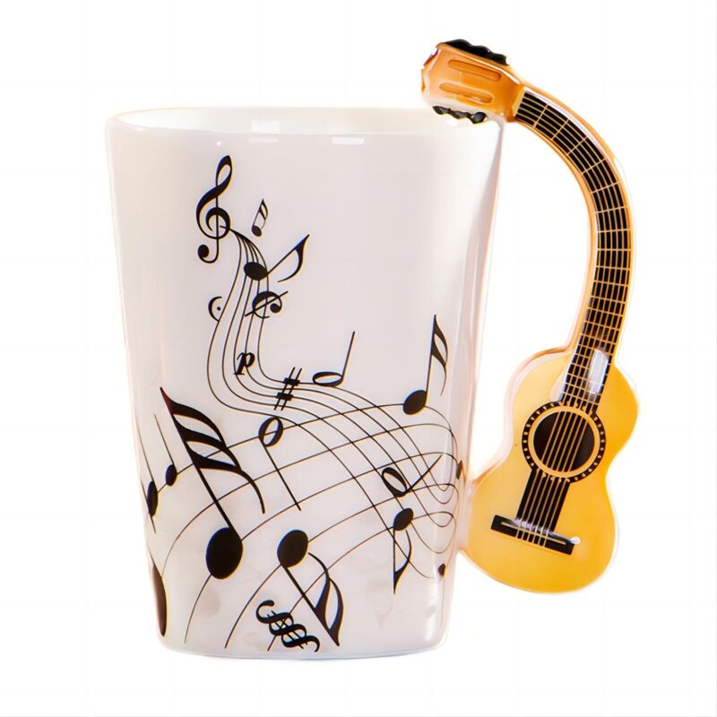 Keramikbecher Mit Gitarrenhenkel In Geigenform, 250 Ml - Für Kaffee, Tee, Milch - Originelles Geschenk (holzgitarre)