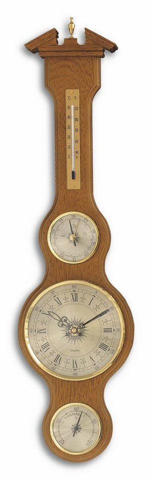 TFA Dostmann TFA 45.3004 analoge Wetterstation und Wanduhr aus Massivholz Innenwetterstation