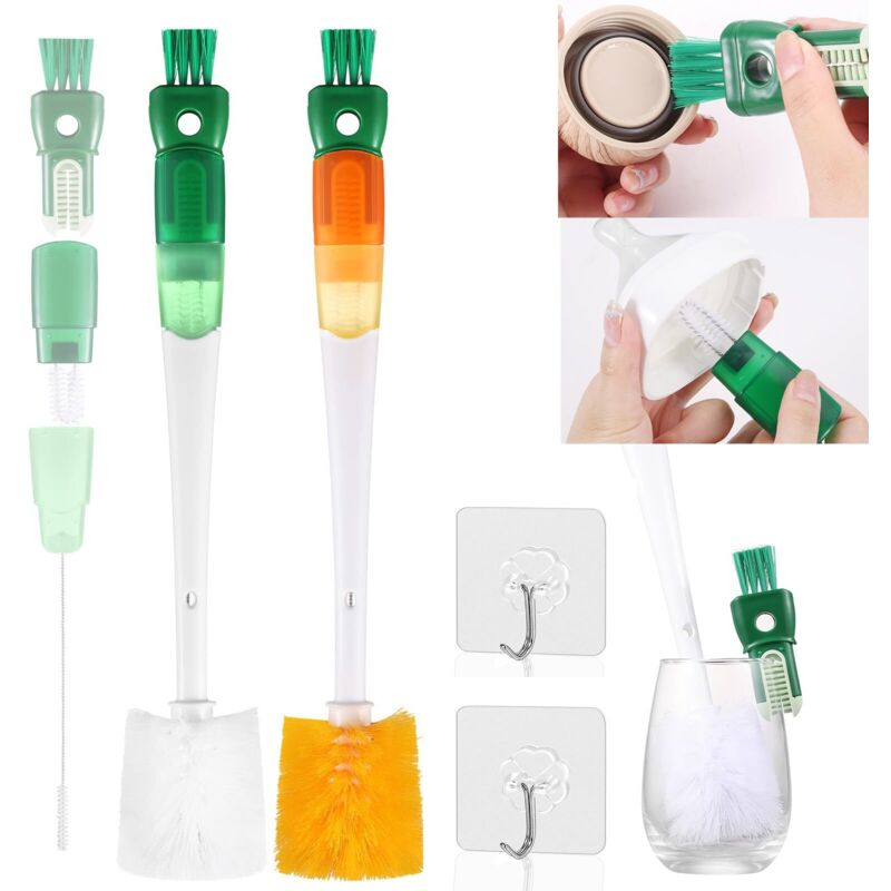 2-teiliges 5-in-1-flaschenbürstenset Mit Langem Griff, Reinigungsbürsten Mit 2 Schwämmen, Flaschenbürste Für Flaschen Mit Schmalem Hals, Babyflaschen, Tassen Und Weingläser