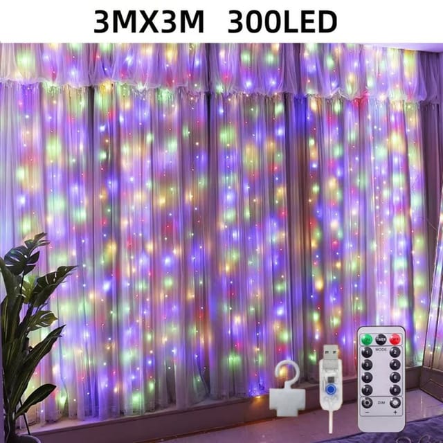 Montegoni LED-Lichterkette 3x3m 300 LED Lichtervorhang Lichternetz Lichterkette mit Fernbedienung, Wasserfeste LED Lichterkette mit 8 Modi und Fernbedienung