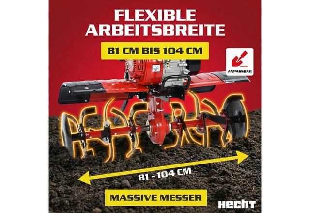 Hecht Benzinmotorhacke Gartenfräse mit Anhänger 7 PS Gartenhacke Motorfräse Bodenhacke, 104,2 cm Arbeitsbreite, 1-St., 13,5 km/h, 208 cm³, Stahlgehäuse