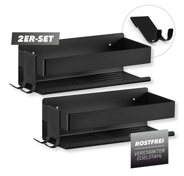 Benkstein Duschablage Dusch-Organizer zum Kleben oder Bohren 2er-Set, 2-tlg., für Shampoo Duschgel etc.mit praktischer Hakenleiste minimalistisch