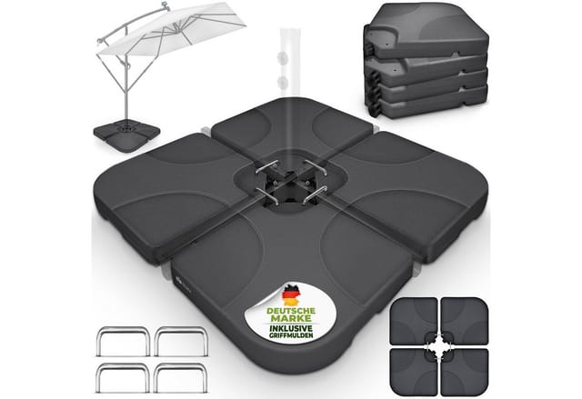 tillvex Sonnenschirm tillvex® Sonnenschirmständer 60L / 80kg Schirmständer Schirmgewicht, Schirmständer Ampelschirmständer wetterfest, inkl. Metallverbinder Schirmgewicht befüllbar, Sonnenschirmständer 60 Liter / 80 kg – 4-teilig für Ampelschirm