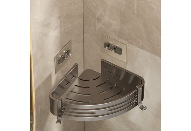 SURFOU Badregal Ecke Duschablage Ohne Bohren 2-Stück Duschregal Badezimmer Organizer, mit 4 Klebeflächen und 4 Haken 2-tlg., Rostfreier Edelstahl, für Bäder Küchen Duschgel (Grau & Schwarz)