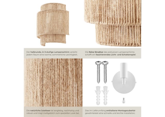 tectake Wandleuchte Wandlampe "Lignea Lux" aus Jute im Boho-Stil, 40W, Kunstvolle Wandbeleuchtung mit 3-stufigem Lampenschirm