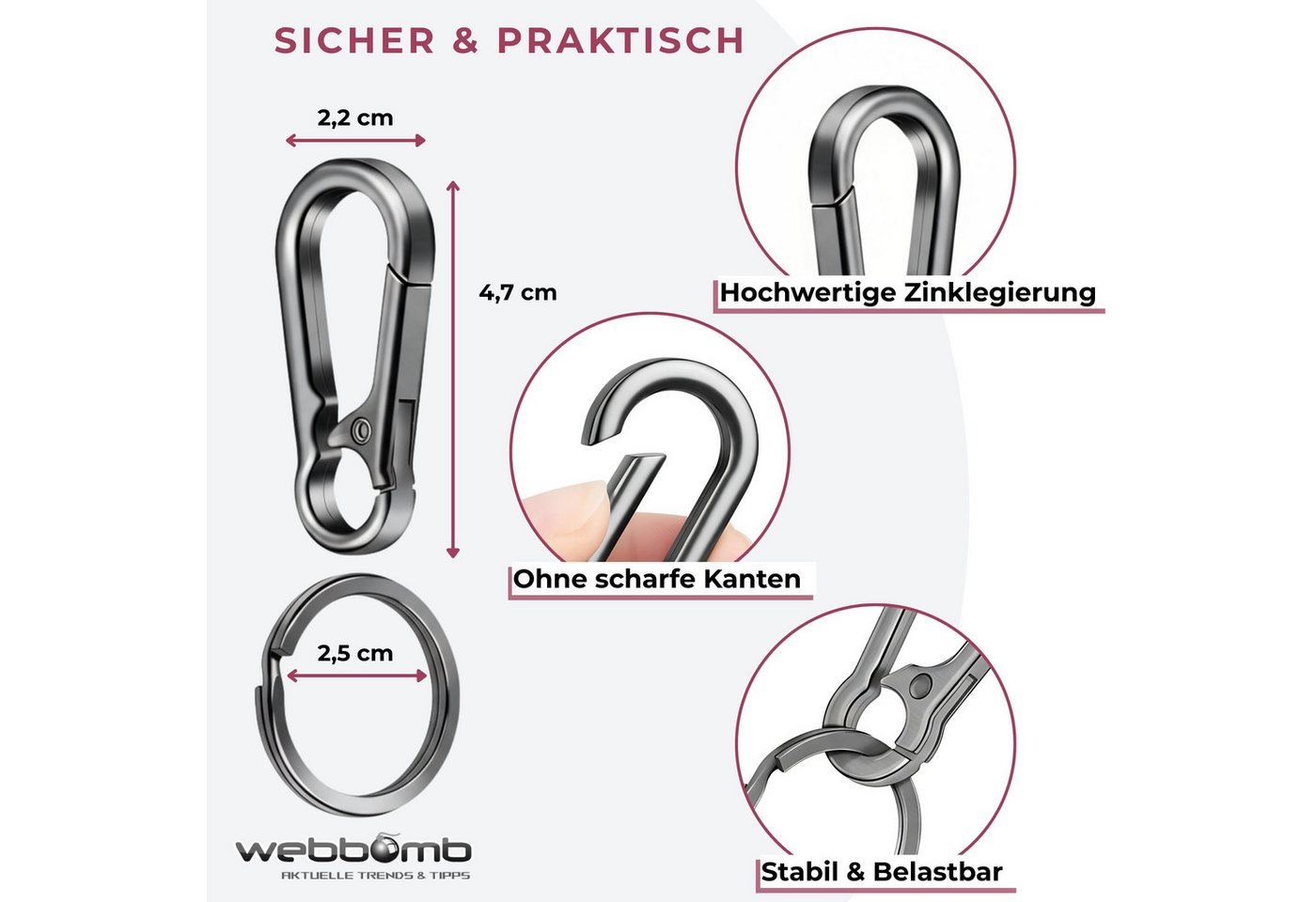 WEBBOMB Karabiner Schlüsselkarabiner robust 10 Schlüsselringe keychain Schlüsselanhänger