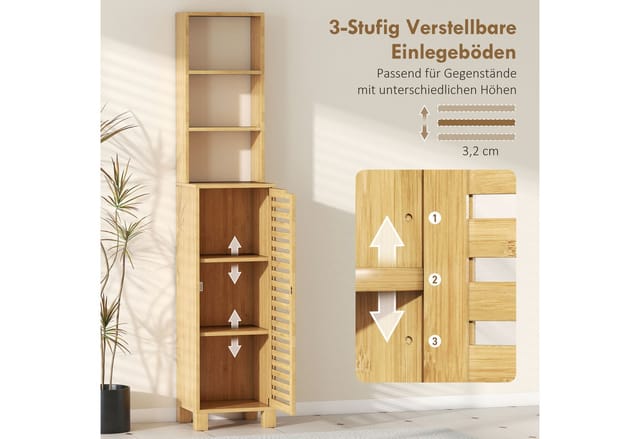 HOMCOM Badkommode mit 3 offenen Regalen, verstellbaren Regalen, Lamellentür (Badezimmerschrank aus Bambus, 1 St., Badschrank), für Badezimmer, Wohnzimmer 34 x 30 x 170 cm, Natur