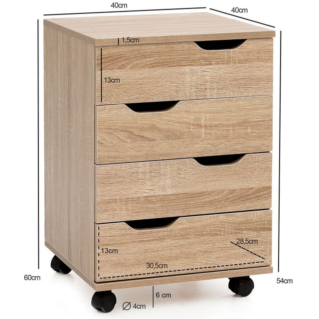FINEBUY Rollcontainer SV51850 Schreibtischcontainer 40 x 60 x 40 cm Holz Büro SuVa16415_1, (Bürocontainer Sonoma 40x60x40cm, Schubladenschrank), Schreibtischcontainer mit Rollen und Schubladen