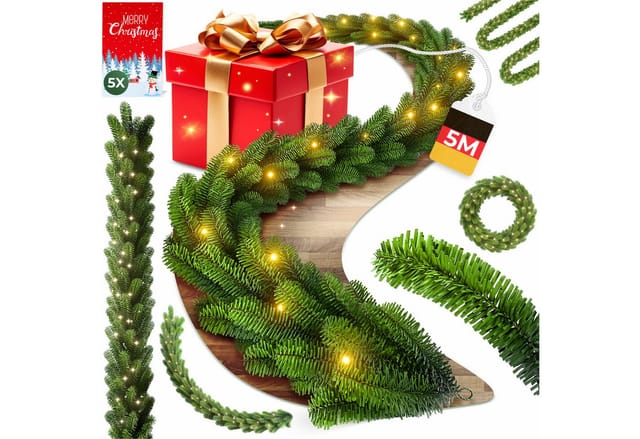Kunstgirlande Weihnachtsgirlande LED Girlande 5m inkl. 5x Grüßkarten, KESSER, Weihnachtsdeko, Tannengirlande mit LED-Beleuchtung, In & Outdoor