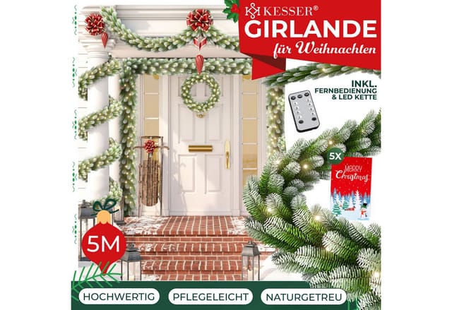 Kunstgirlande Weihnachtsgirlande LED Girlande 5m, beschneit & inkl. Fernbedienung, KESSER, Weihnachtsdeko, Tannengirlande mit LED-Beleuchtung, In & Outdoor