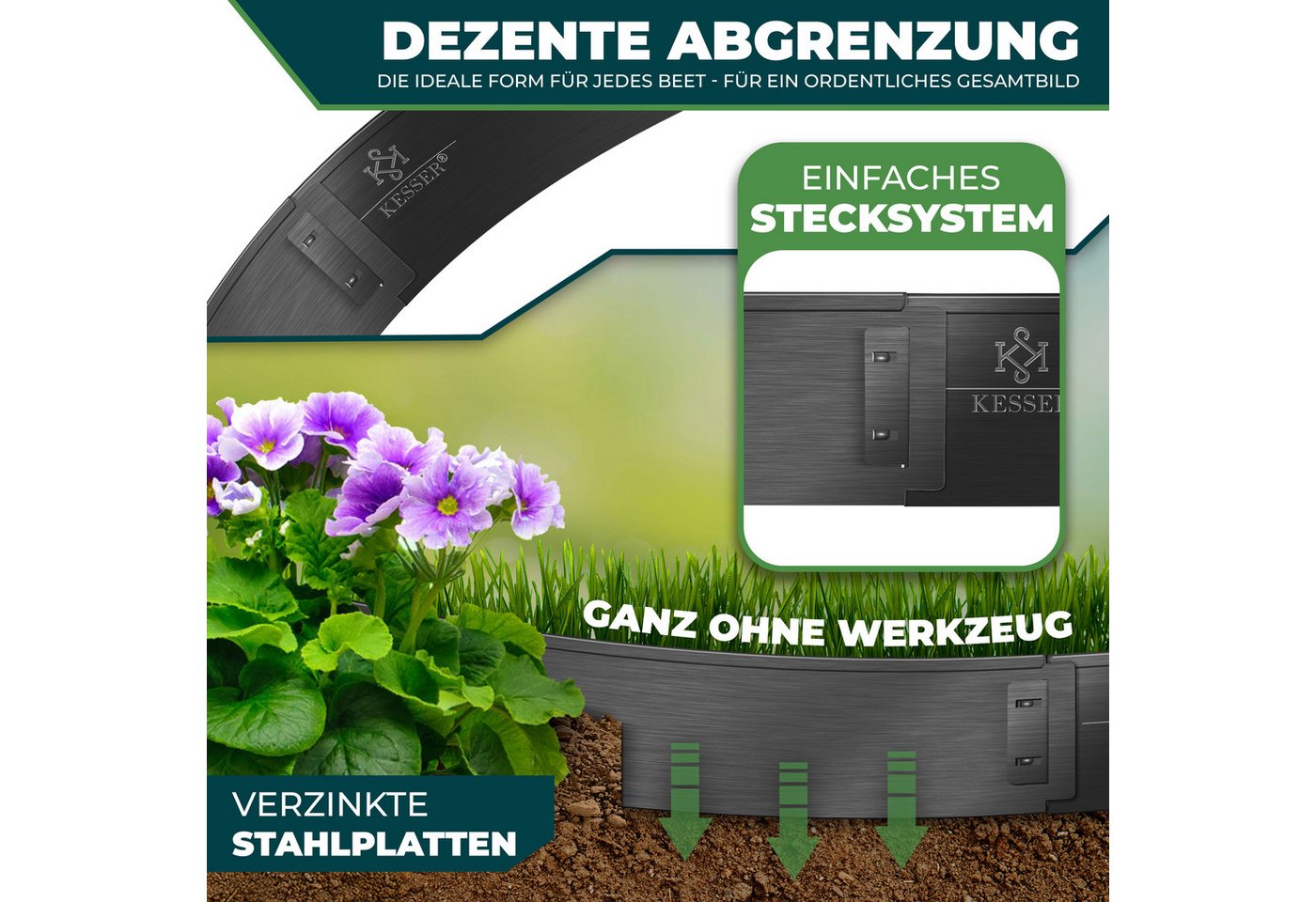 KESSER Rasenkante 5 bis 50m Beeteinfassung, Beetumrandung aus verzinkten Stahlplatten, LxH: 100x14 cm, als Metall Palisade, Beetbegrenzung & Mähkante geeignet Bild 3