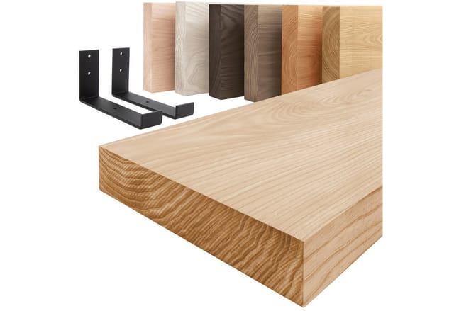 LAMO Manufaktur Wandregal Holz Gerade Regal Farbe: Natur mit schwarzem Industrial 40 cm, Komplett-Set, 40mm stake Massivholzplatte