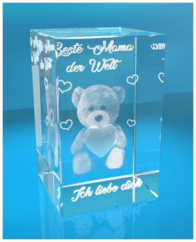 VIP-LASER Dekofigur 3D Glas Kristall I Beste Mama der Welt I Teddy I Ich liebe dich I, Hochwertige Geschenkbox, Made in Germany, Familienbetrieb