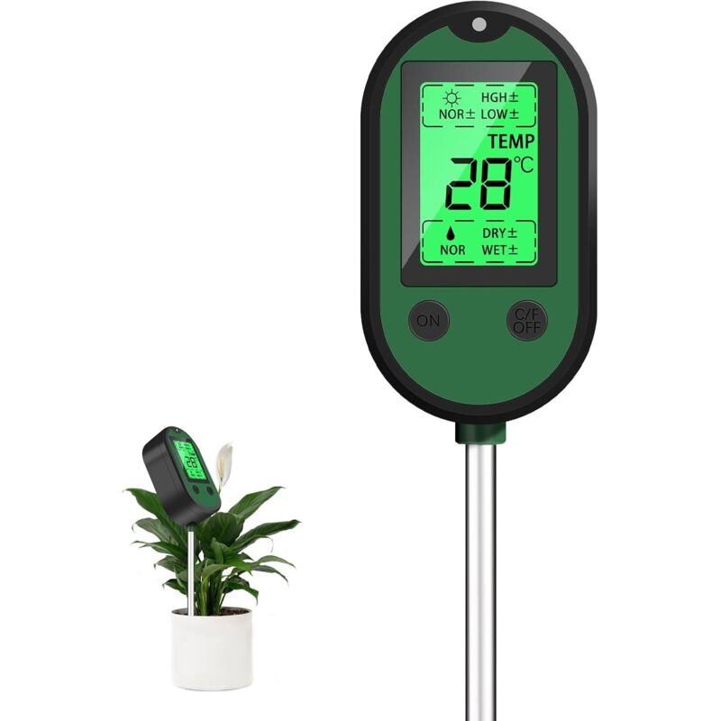 5-in-1-bodenfeuchtigkeitsmessgerät Mit Hintergrundbeleuchtetem Lcd-display, Ph-wert-/temperatur-/luftfeuchtigkeits-/licht-/warnanzeige
