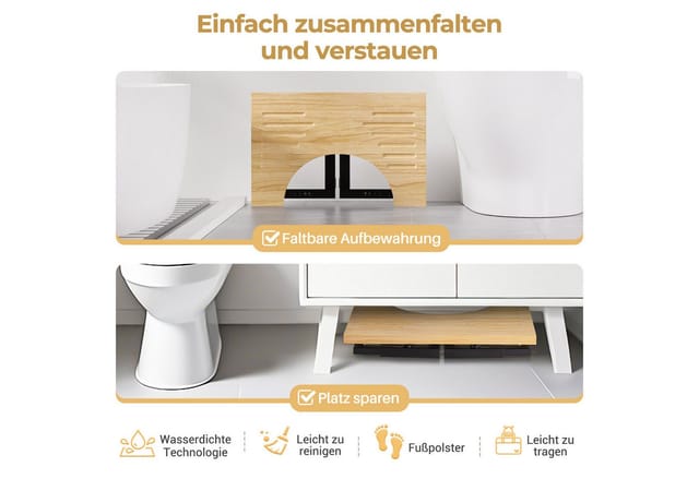 Yorbay Badhocker Bambus Toilettenhocker mit Klappfunktion, 3-Stufen Höheneinstellung, Rutschfeste Oberfläche