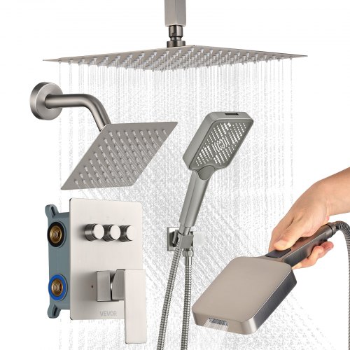 Duschsystem-set Mit 12 Zoll Regenduschsystem / 6 Zoll Wandmontagekopf / 4 In 1 Handbrause, Drehbarer Doppelregenkopf (3 Funktionen), Messingventil Und Verkleidungssatz, Gebürstetes Nickel
