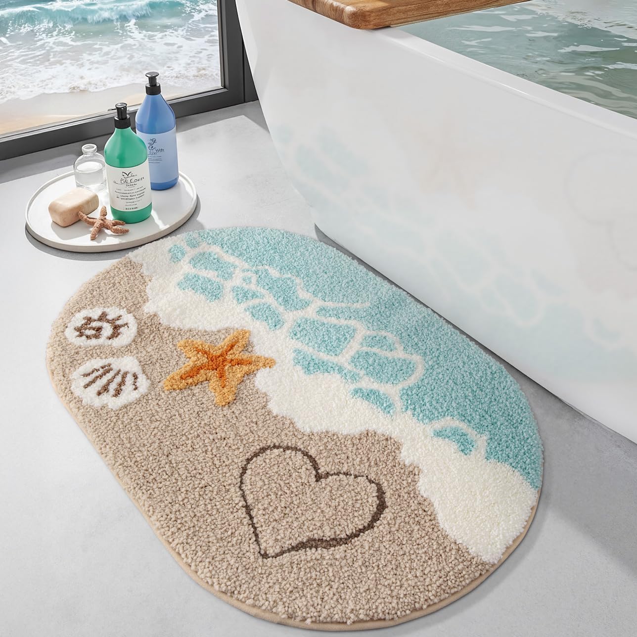Rutschfeste Badematte 50 X 80 Cm, Oval, Saugfähig Und Waschbar, Strand- Und Seesternmuster, Für Badezimmer, Schlafzimmer, Kinderzimmer, Beige Und Blau