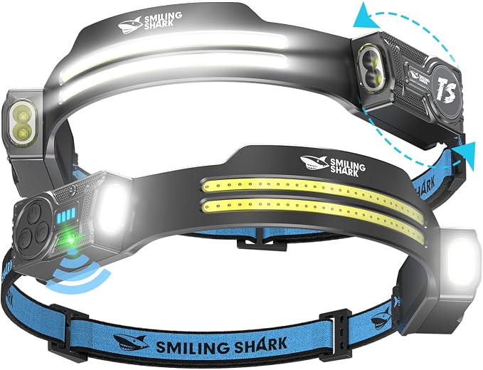 Smiley Shark Stirnlampe, 2er-pack, Extrem Leistungsstarke, Wiederaufladbare Led-stirnlampen Mit 2 Breiten Lichtkegeln Und Einstellbarem Spot-lichtkegel, Bewegungssensor, 2400-mah-akku, 5 Modi Für Wand