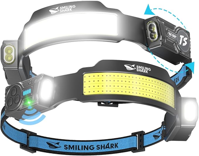 Smiley Shark Stirnlampe, 2er-pack, Extrem Leistungsstarke, Wiederaufladbare Led-stirnlampen Mit 4 Breiten Lichtkegeln Und Einstellbarem Spot-lichtstrahl, Bewegungssensor, 2400-mah-akku, 5 Modi Für Wan