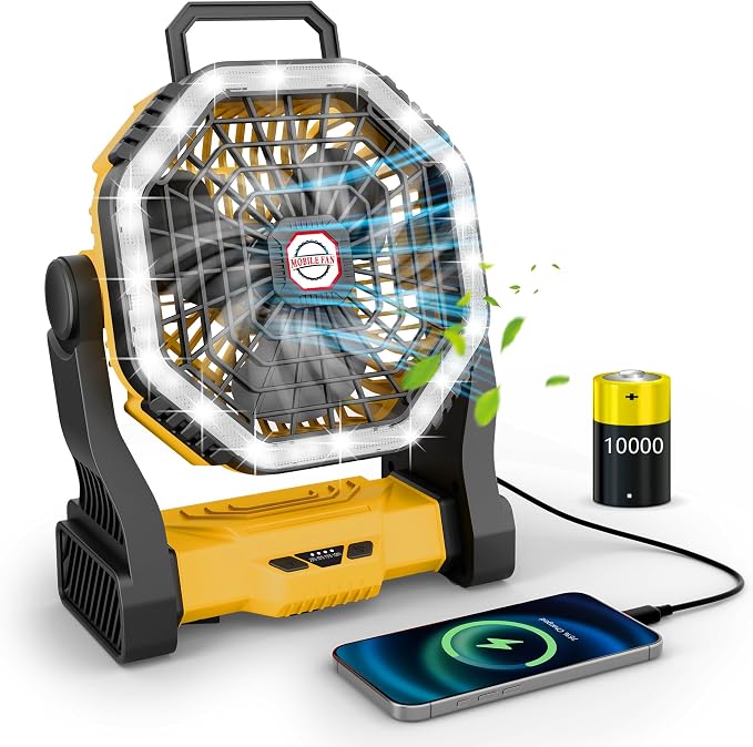 Wiederaufladbarer Campingventilator Mit 10000 Mah Kapazität, Licht, 4 Geschwindigkeitsstufen, Usb-anschluss, 360° Drehbarem Haken, Leiser Tischventilator Für Drinnen, Draußen Und Im Büro