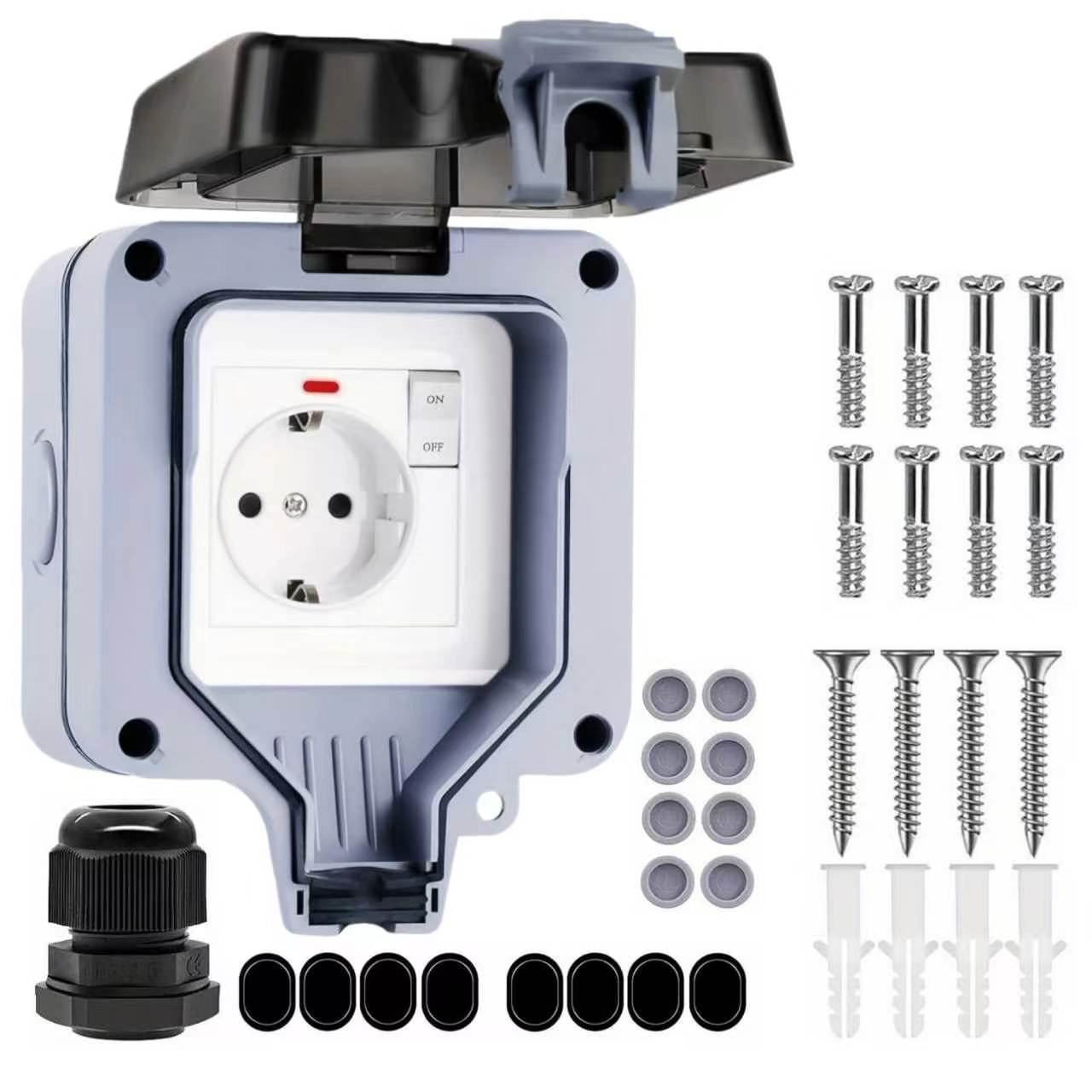 Ip66 Wasserdichte Wandsteckdose, Modell B, Mit Schalter, Wasser- Und Staubbeständig, Geeignet Für Den Innen- Und Außenbereich.